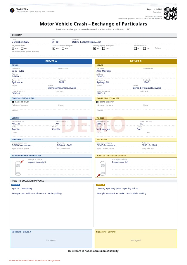 Accident information exchange · Sample with fictional details. No real report or signatures.