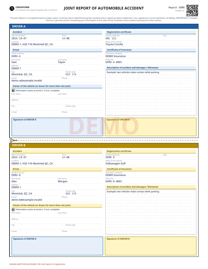Joint report of automobile accident · Sample with fictional details. No real report or signatures.