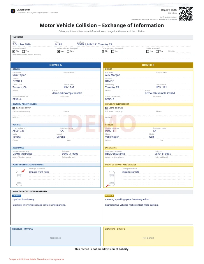 Accident information exchange · Sample with fictional details. No real report or signatures.