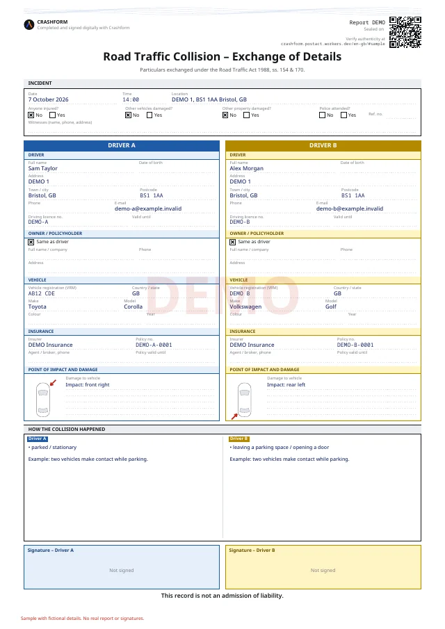 Accident information exchange · Sample with fictional details. No real report or signatures.