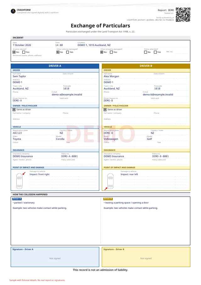 Accident information exchange · Sample with fictional details. No real report or signatures.