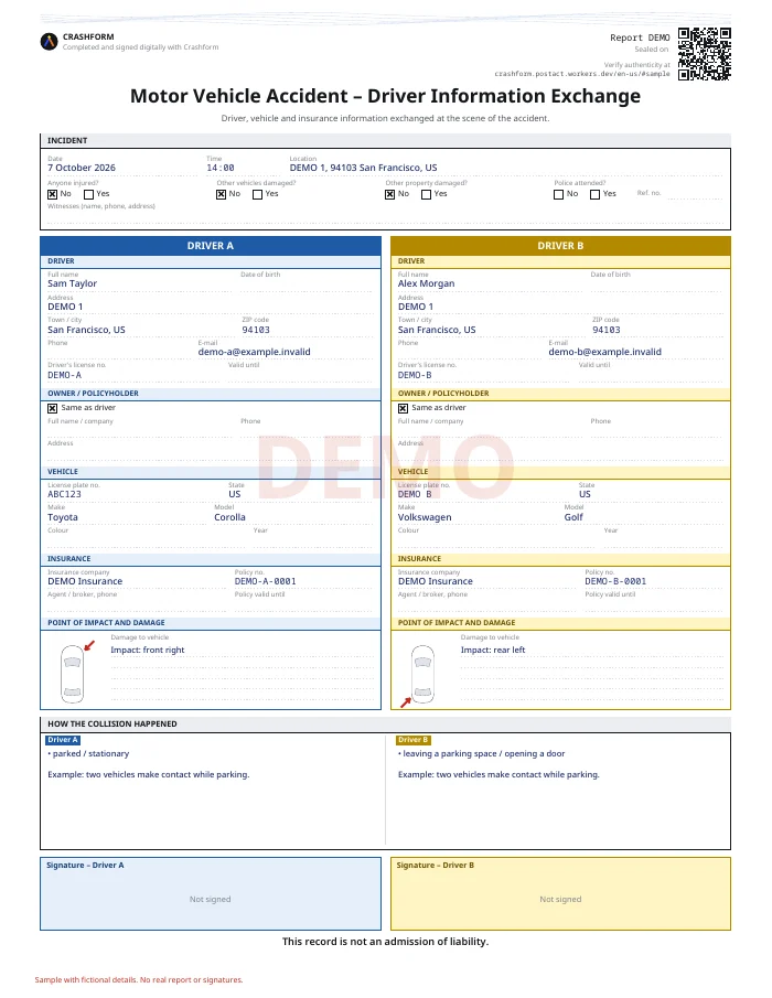 Accident information exchange · Sample with fictional details. No real report or signatures.