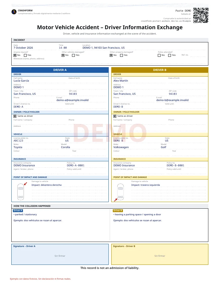 Intercambio de datos tras un accidente · Ejemplo con datos ficticios. Sin declaración ni firmas reales.