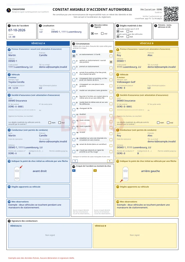 Constat amiable · Exemple avec des données fictives. Aucune déclaration ni signature réelle.