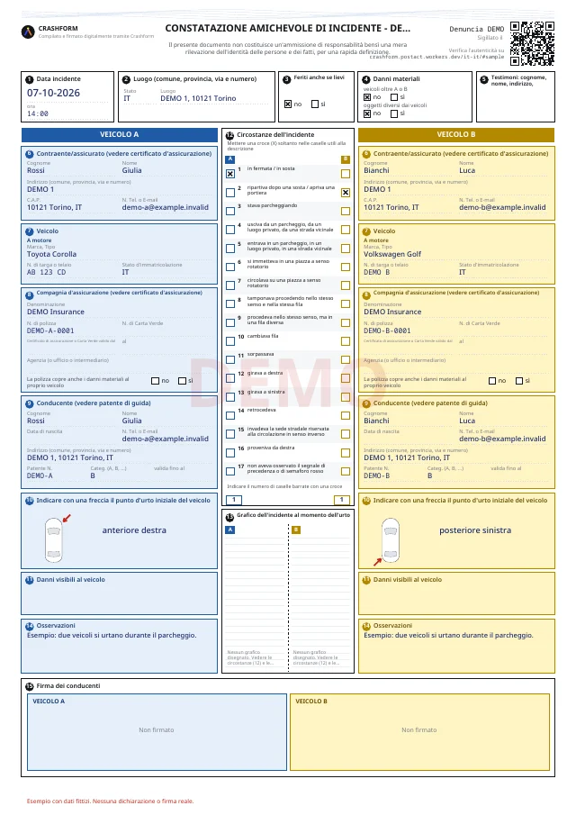 Constatazione amichevole di incidente · Esempio con dati fittizi. Nessuna dichiarazione o firma reale.