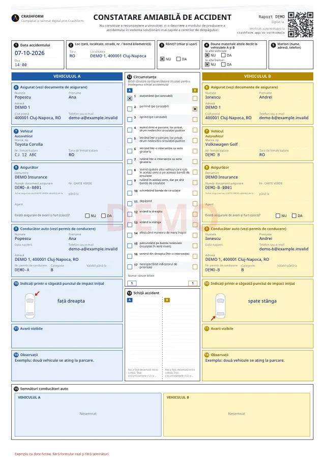 Constatare amiabilă de accident · Exemplu cu date fictive. Fără formular real și fără semnături.