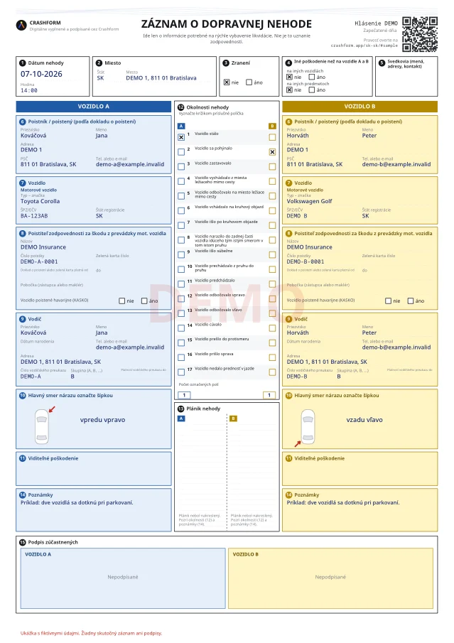 Správa o nehode (európsky záznam o nehode) · Ukážka s fiktívnymi údajmi. Žiadny skutočný záznam ani podpisy.