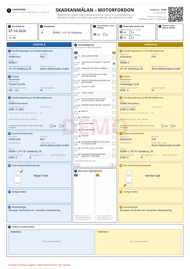 Europeisk skadeanmälan · Exempel med fiktiva uppgifter. Ingen verklig anmälan eller signatur.